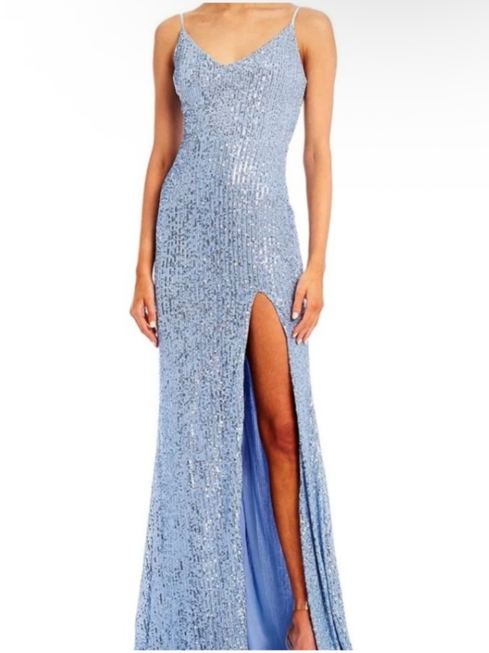 B Darlin Medium Light Blue Sequins Formal Black Tie Leg Slit Zip Up Maxi Dress